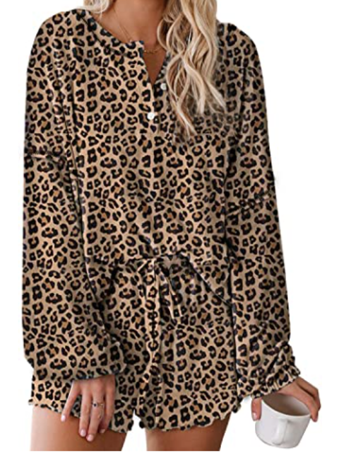 Asvivid Womens Leopard Print Ruffle Short Pyjamas  1