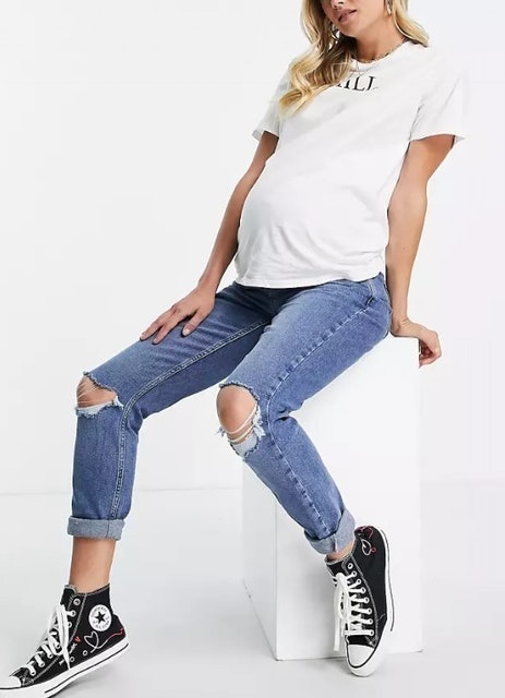 New Look New Look Maternity Ripped Mom Jean in Mid Blue 1