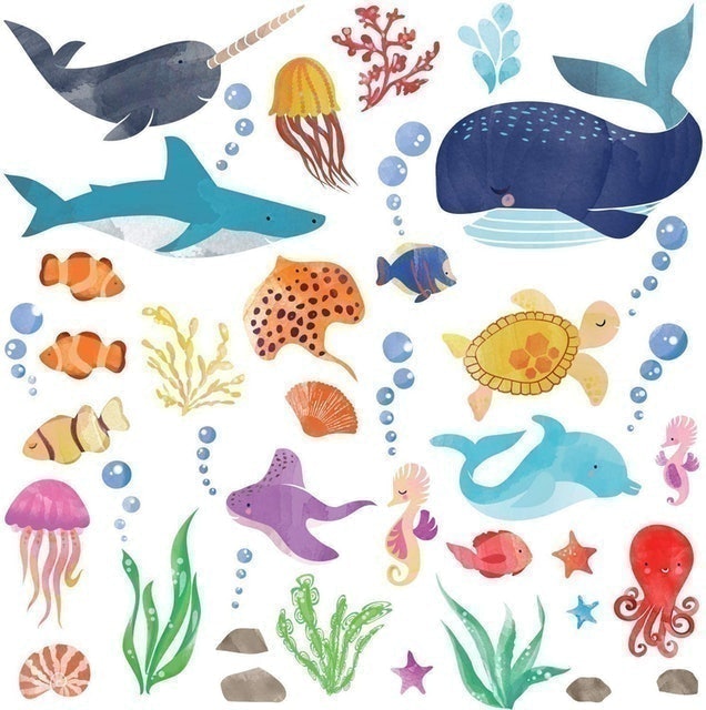 CherryCreek Decals Watercolor Ocean Creatures Under The Sea Wall Decals 1