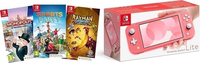 Nintendo Switch Lite (Coral) + Monopoly (code in a box) + Sports Party (code in a box) + Rayman Legends (code in a box) 1