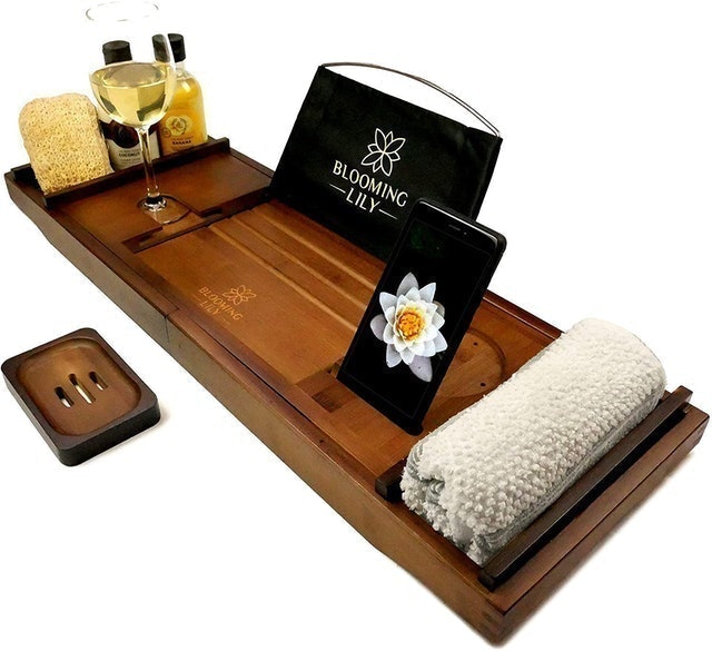 Blooming Lily Bathtub Tray with Wineglass Holder and iPad stand 1